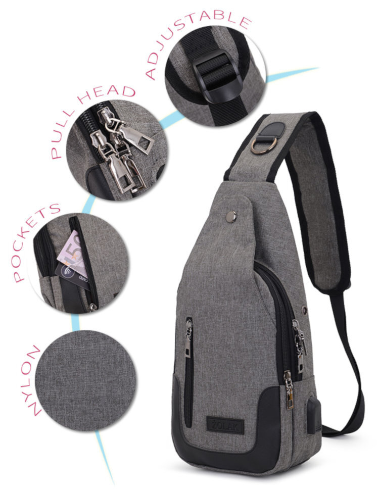 Grey Cross Body Chest Bag with USB Charge - alt image 1