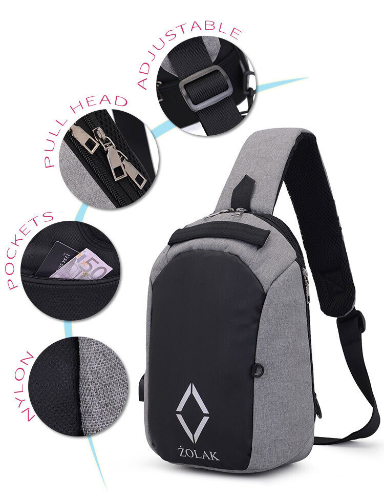 Grey Cross Body Messenger Bag with USB Charge - alt image 1