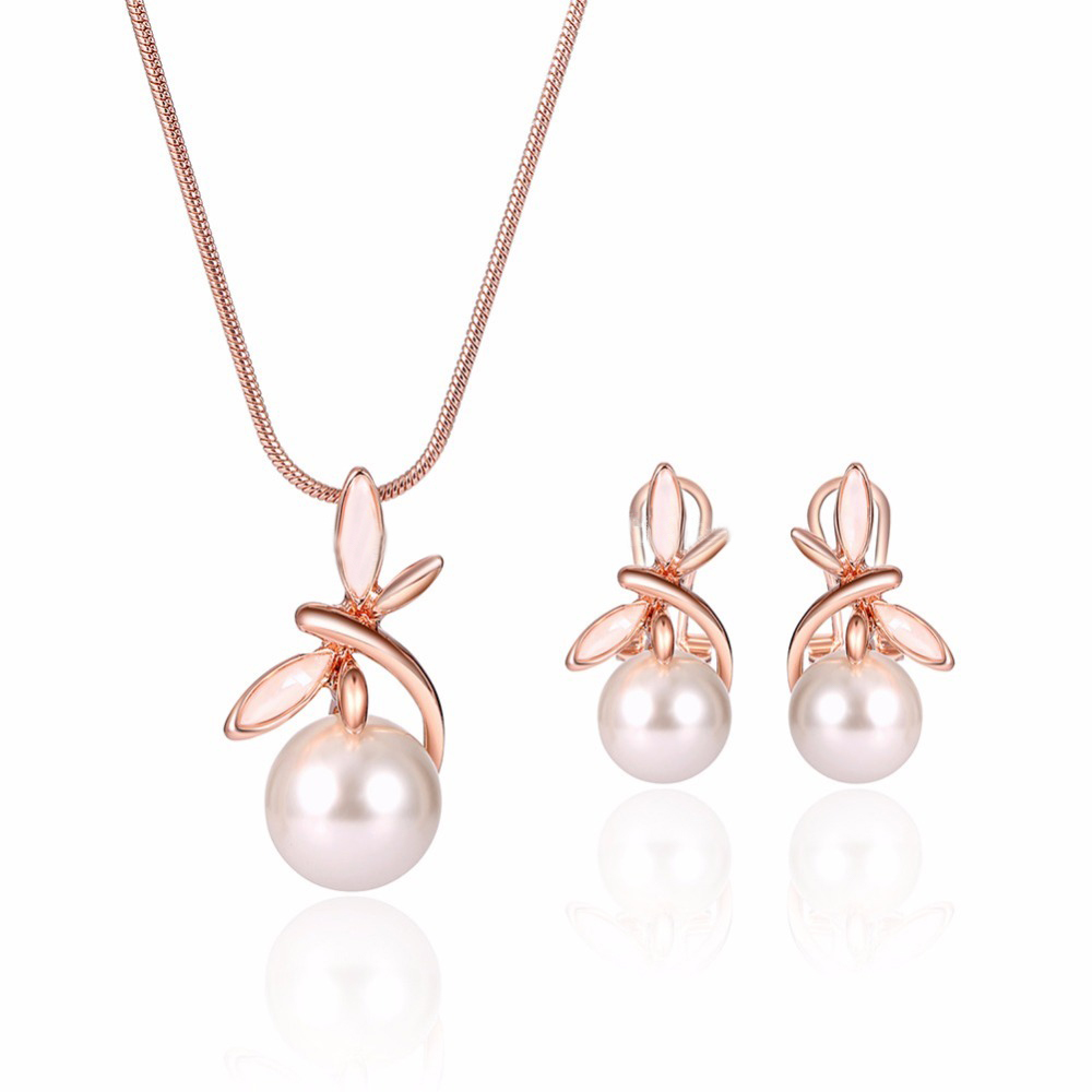 Fashion Pearl Necklace Earrings Set Rose Gold - main image